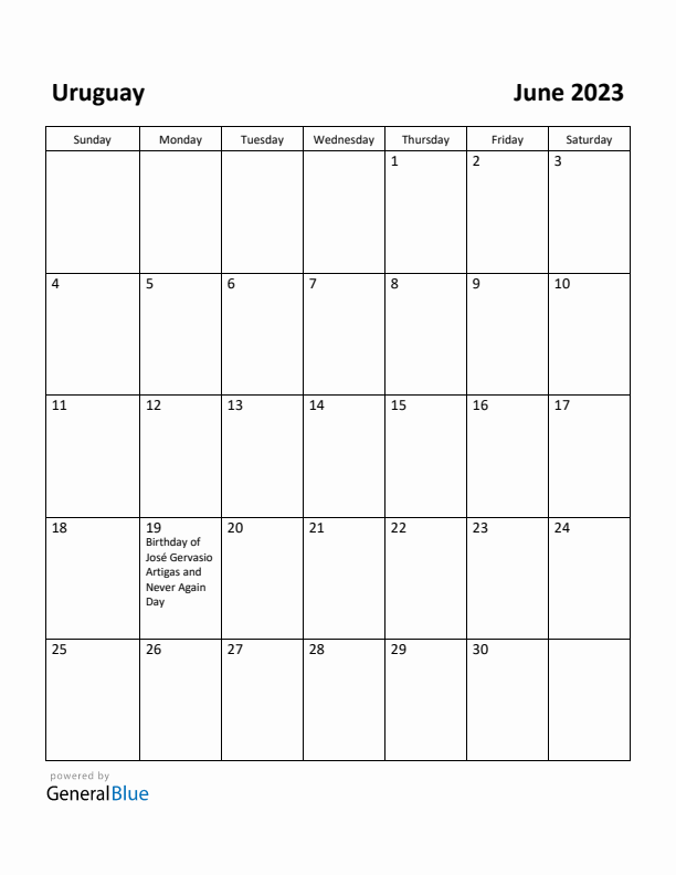 June 2023 Calendar with Uruguay Holidays