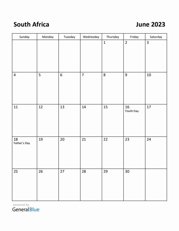 June 2023 Calendar with South Africa Holidays