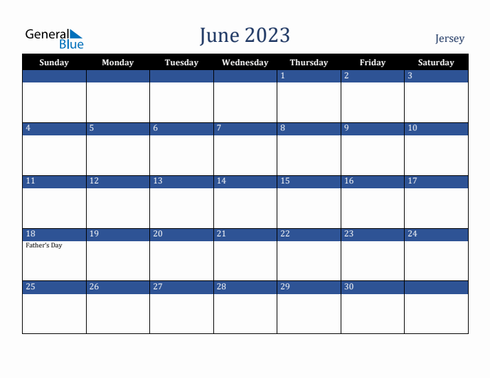 June 2023 Jersey Calendar (Sunday Start)