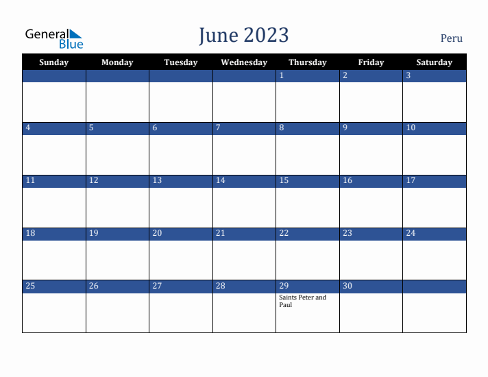 June 2023 Peru Calendar (Sunday Start)