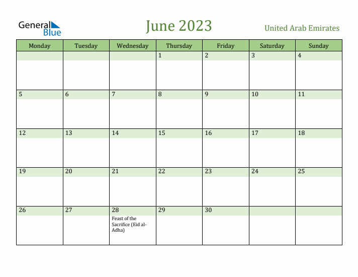 June 2023 Calendar with United Arab Emirates Holidays