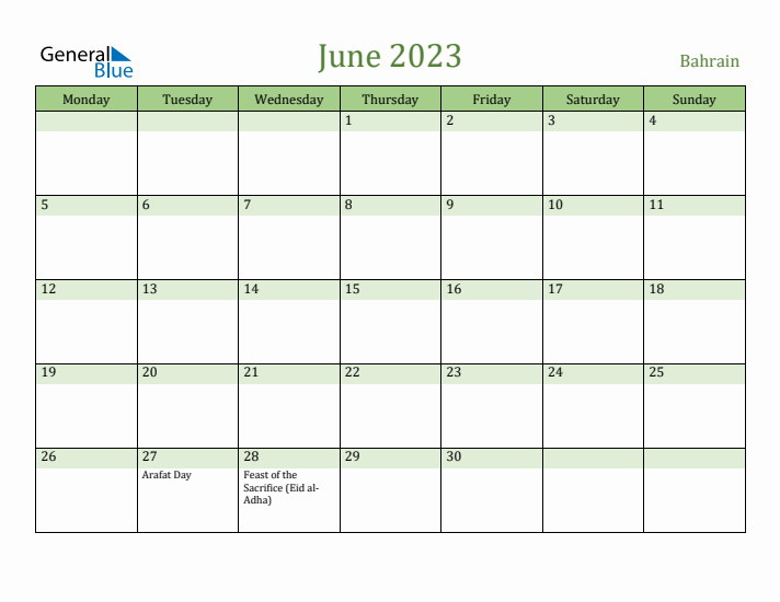 June 2023 Calendar with Bahrain Holidays