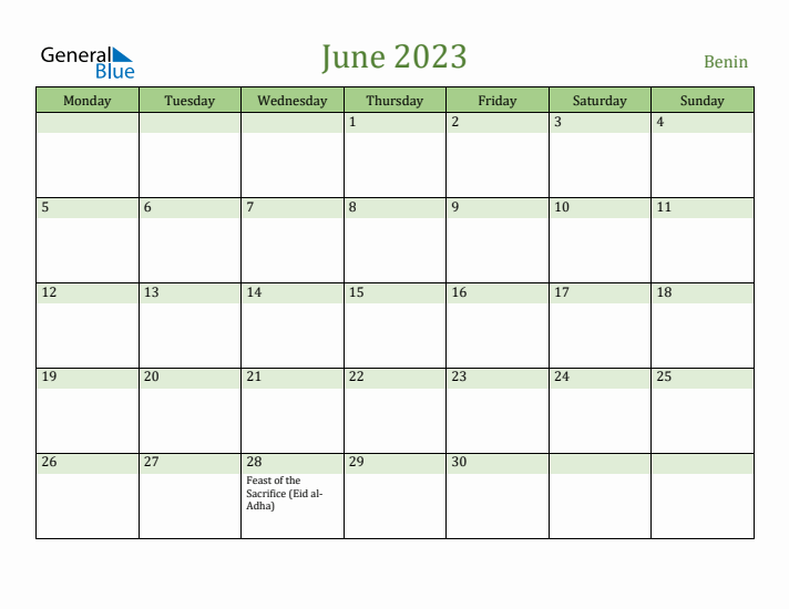 June 2023 Calendar with Benin Holidays