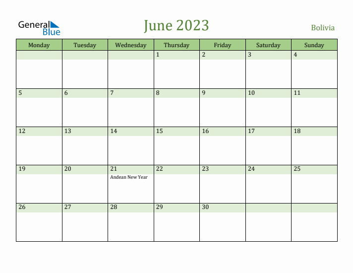 June 2023 Calendar with Bolivia Holidays