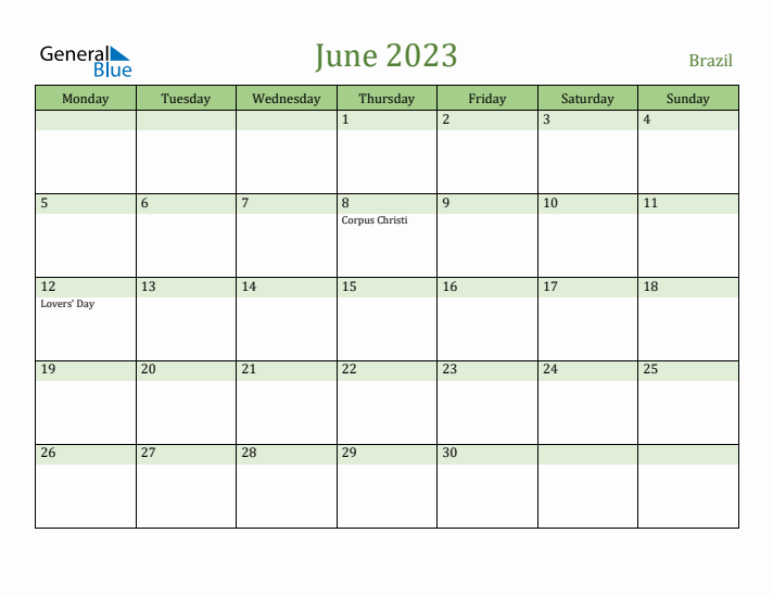 June 2023 Calendar with Brazil Holidays