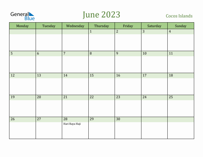 June 2023 Calendar with Cocos Islands Holidays