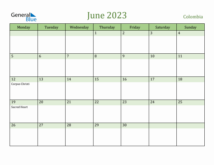 June 2023 Calendar with Colombia Holidays