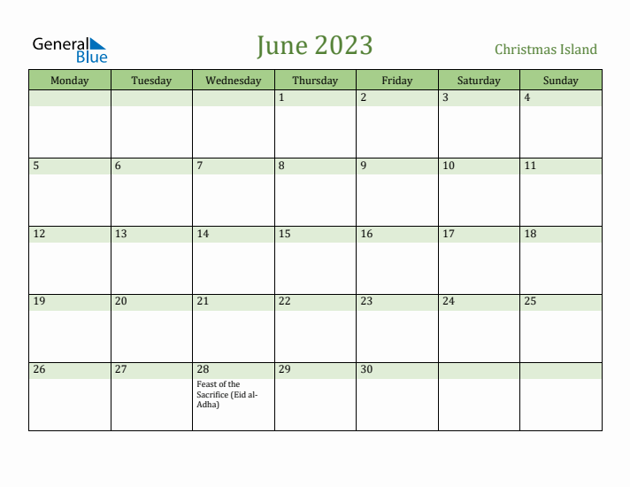 June 2023 Calendar with Christmas Island Holidays