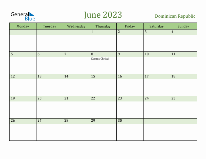 June 2023 Calendar with Dominican Republic Holidays