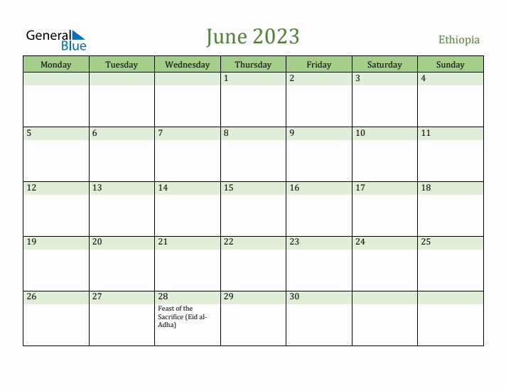 June 2023 Calendar with Ethiopia Holidays