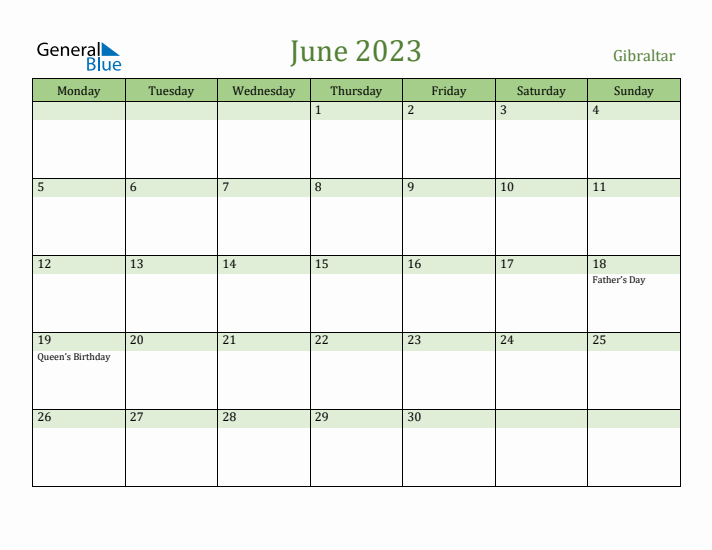 June 2023 Calendar with Gibraltar Holidays