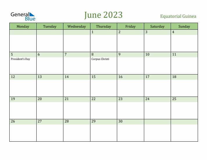 June 2023 Calendar with Equatorial Guinea Holidays