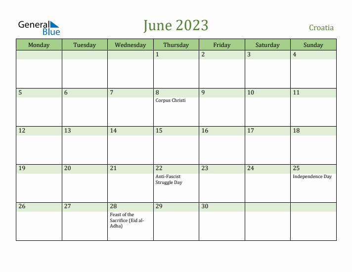 June 2023 Calendar with Croatia Holidays