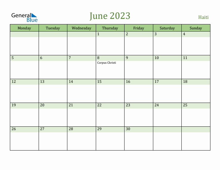 June 2023 Calendar with Haiti Holidays