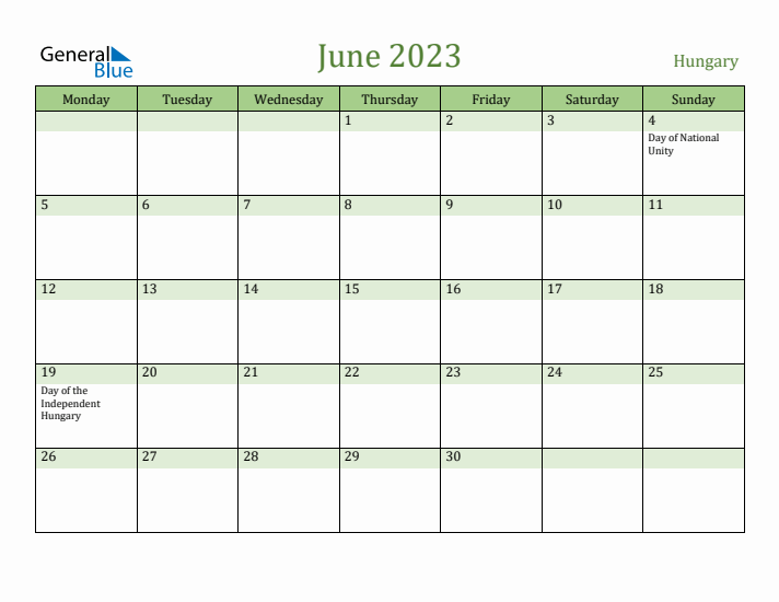 June 2023 Calendar with Hungary Holidays