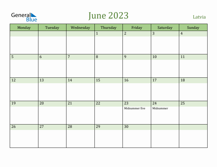 June 2023 Calendar with Latvia Holidays