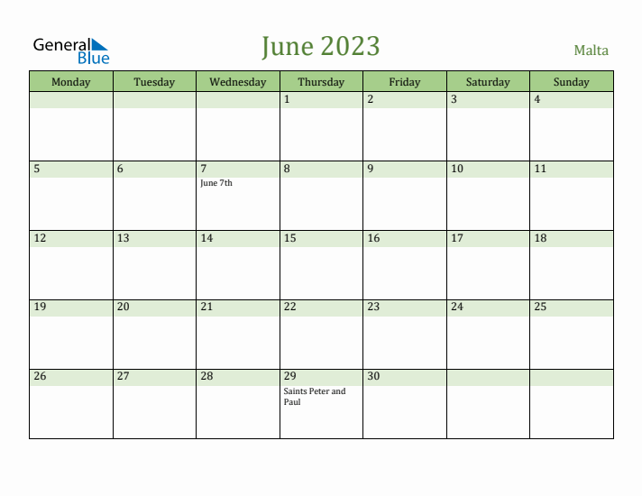 June 2023 Calendar with Malta Holidays