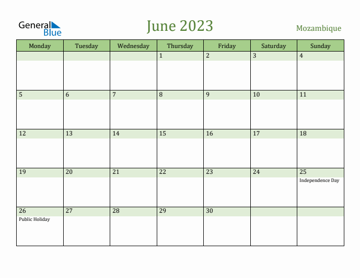 June 2023 Calendar with Mozambique Holidays