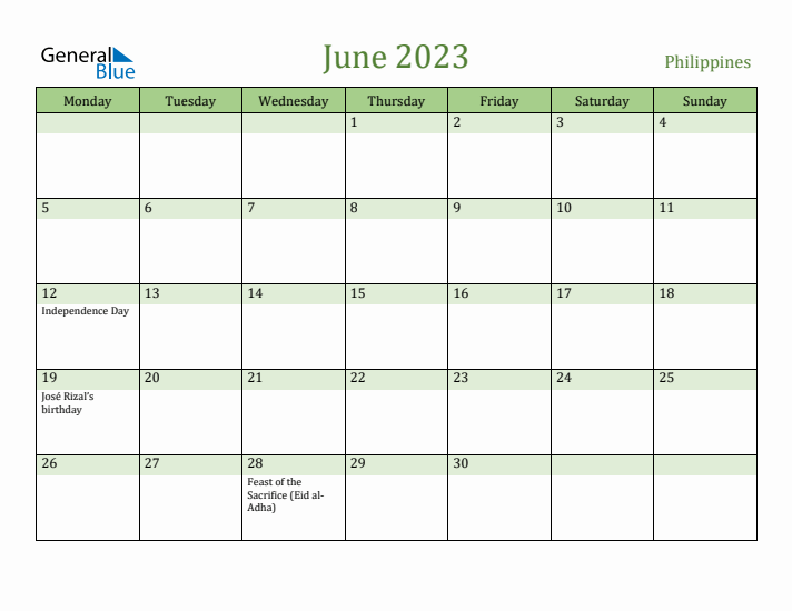 June 2023 Calendar with Philippines Holidays