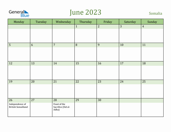 June 2023 Calendar with Somalia Holidays