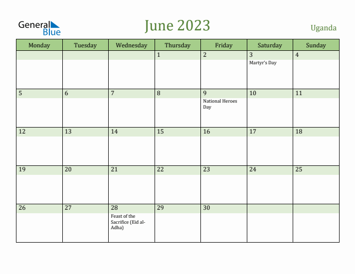 June 2023 Calendar with Uganda Holidays