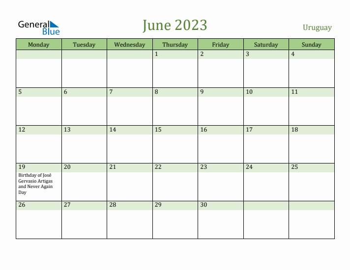 June 2023 Calendar with Uruguay Holidays