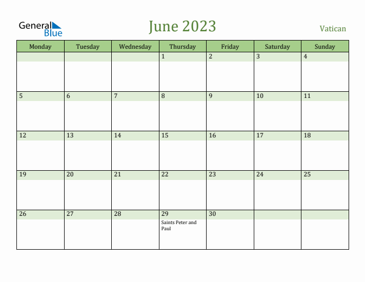 June 2023 Calendar with Vatican Holidays