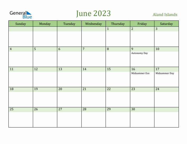 June 2023 Calendar with Aland Islands Holidays