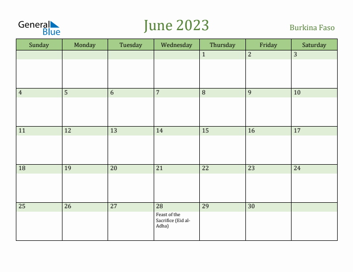 June 2023 Calendar with Burkina Faso Holidays