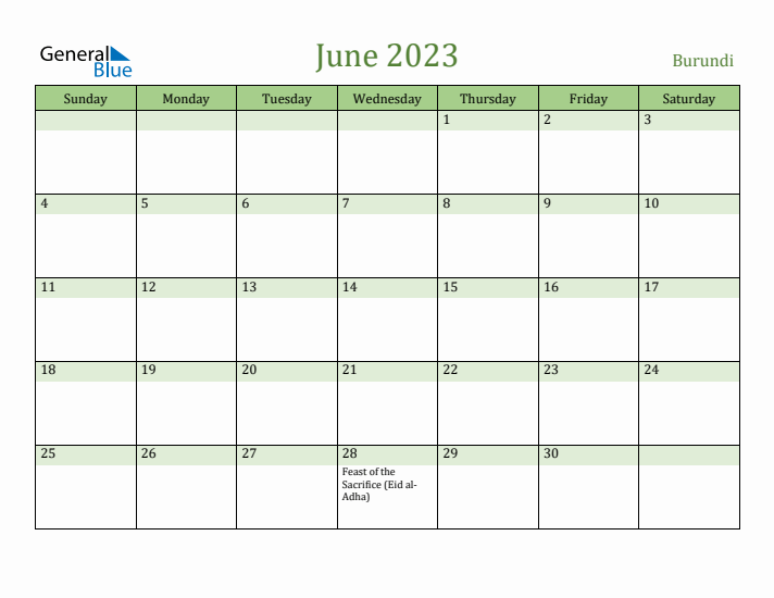 June 2023 Calendar with Burundi Holidays