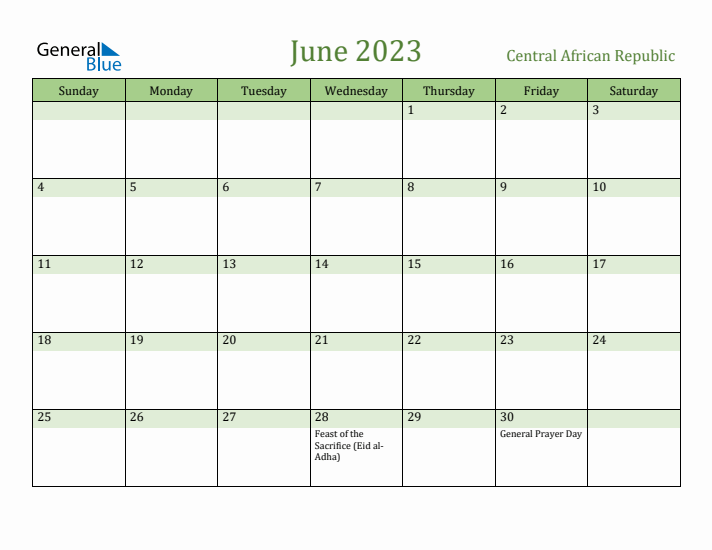 June 2023 Calendar with Central African Republic Holidays