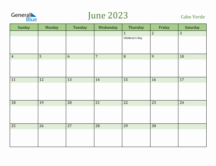 June 2023 Calendar with Cabo Verde Holidays