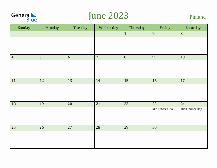 June 2023 Calendar with Finland Holidays