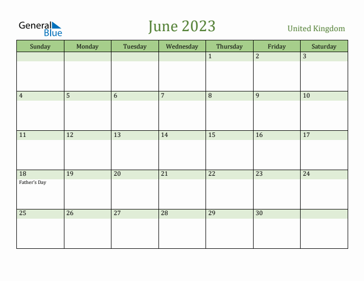 June 2023 Calendar with United Kingdom Holidays