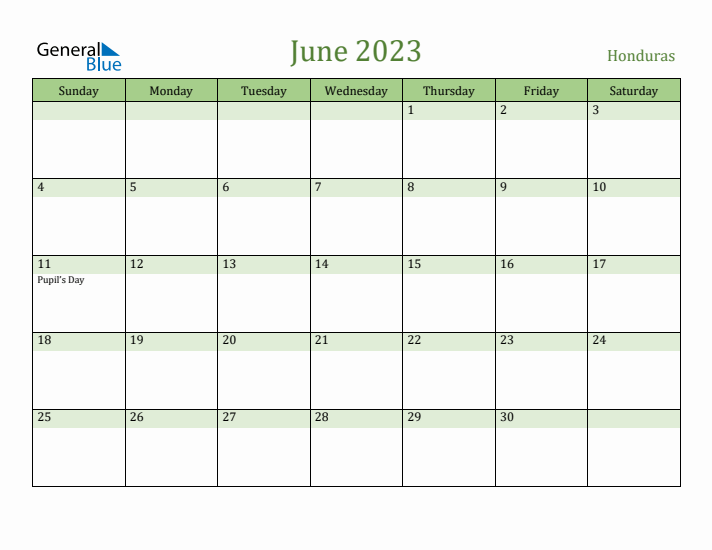 June 2023 Calendar with Honduras Holidays