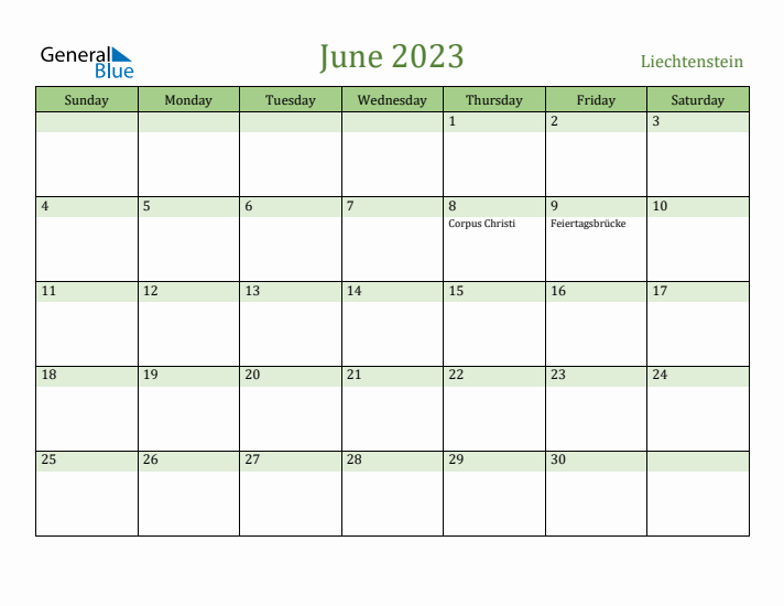 June 2023 Calendar with Liechtenstein Holidays