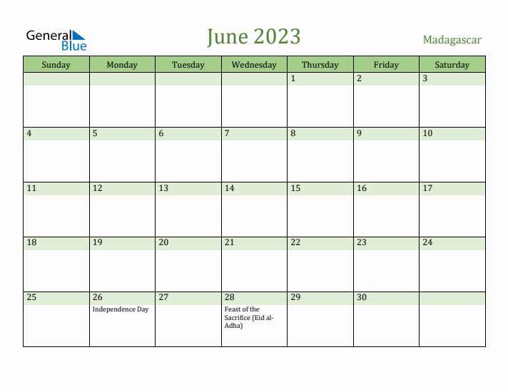 June 2023 Calendar with Madagascar Holidays