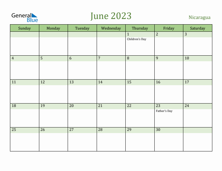 June 2023 Calendar with Nicaragua Holidays