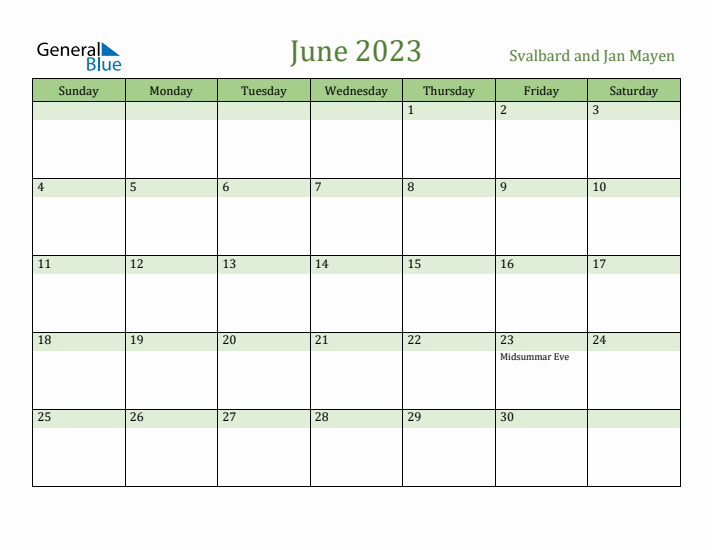 June 2023 Calendar with Svalbard and Jan Mayen Holidays