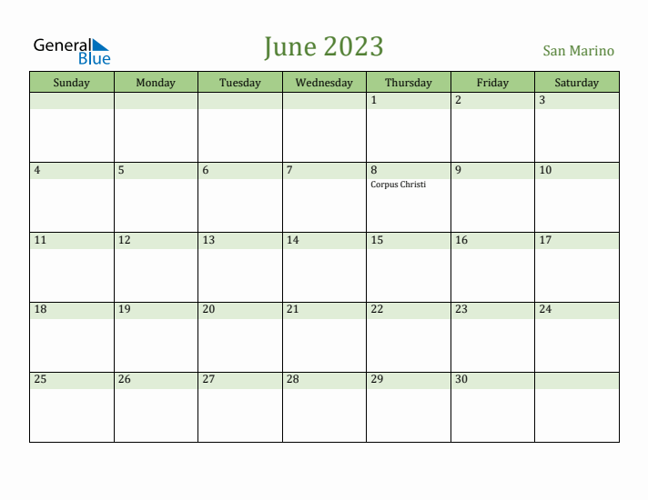 June 2023 Calendar with San Marino Holidays