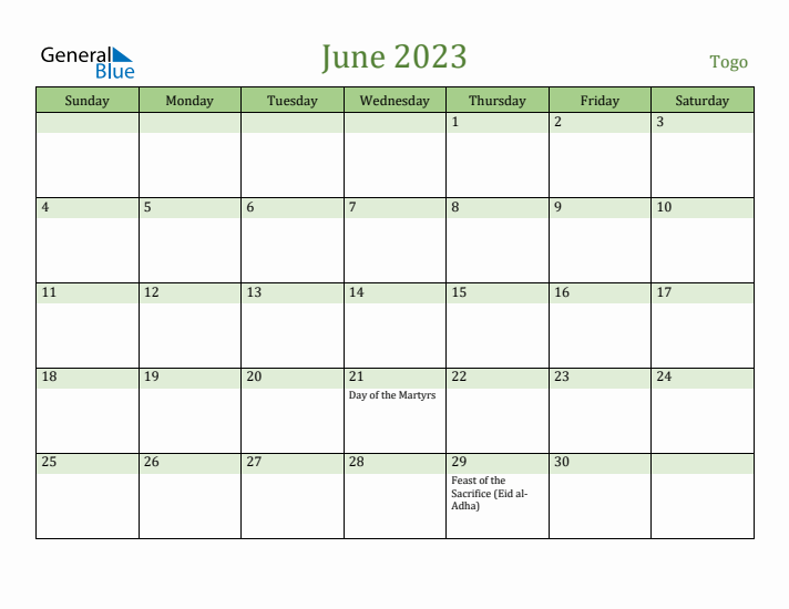 June 2023 Calendar with Togo Holidays