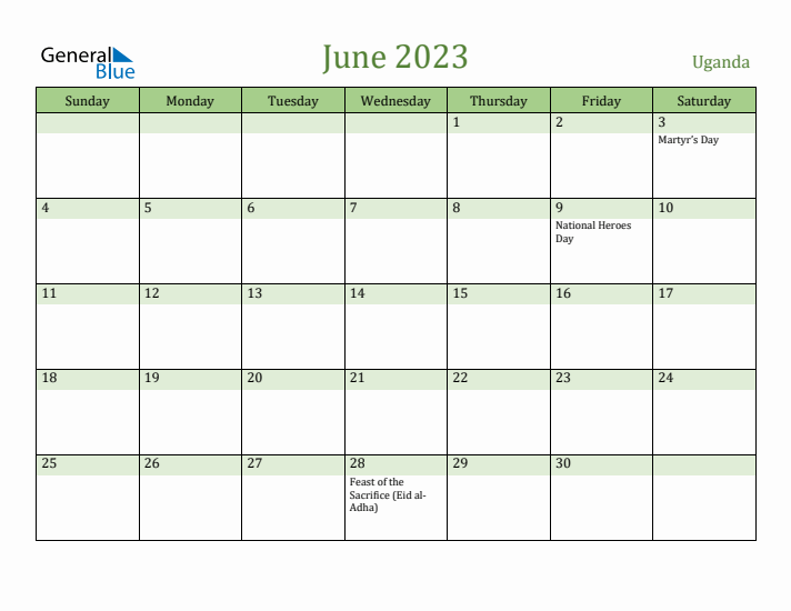 June 2023 Calendar with Uganda Holidays