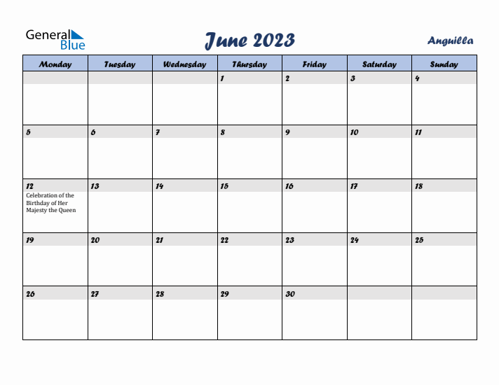 June 2023 Calendar with Holidays in Anguilla