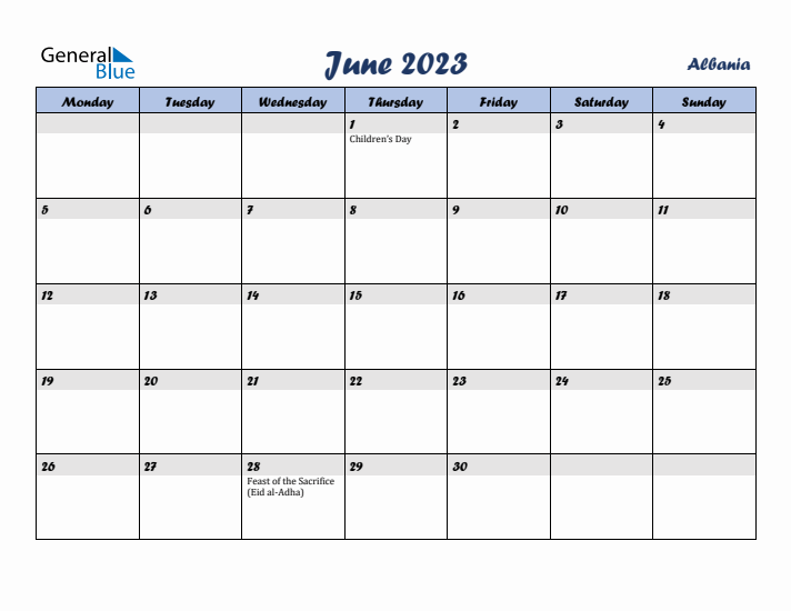 June 2023 Calendar with Holidays in Albania