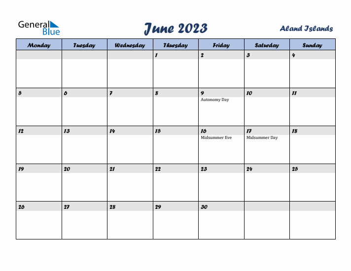 June 2023 Calendar with Holidays in Aland Islands