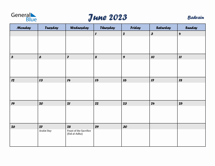 June 2023 Calendar with Holidays in Bahrain