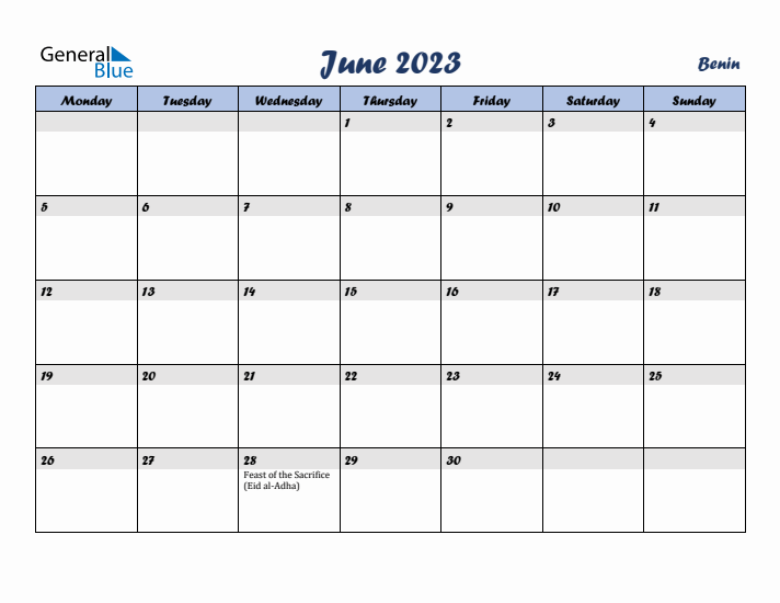 June 2023 Calendar with Holidays in Benin