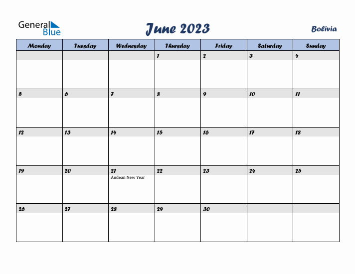 June 2023 Calendar with Holidays in Bolivia