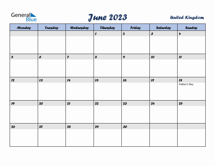 June 2023 Calendar with Holidays in United Kingdom