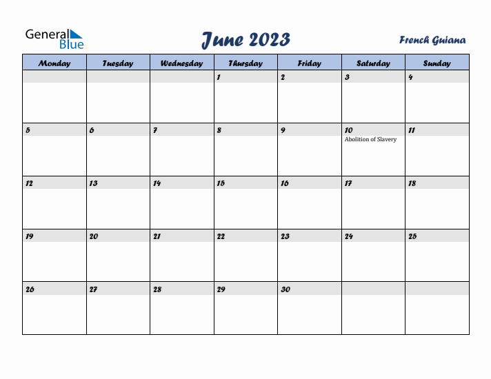 June 2023 Calendar with Holidays in French Guiana